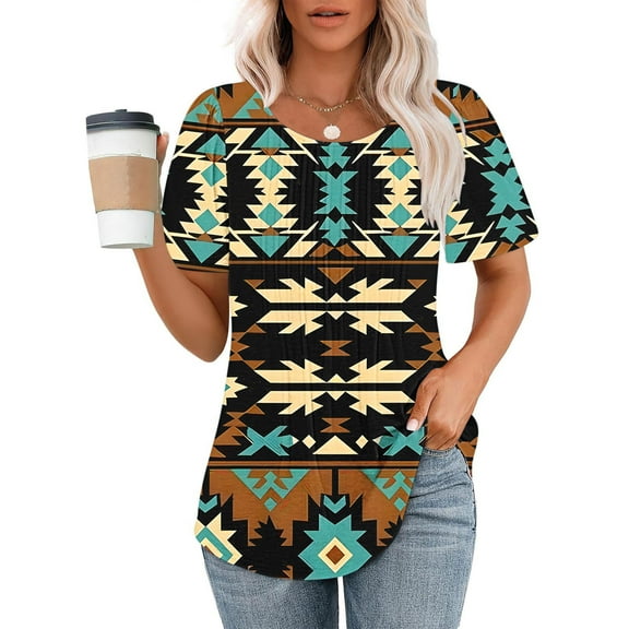 Women Western Aztec Tunic Tops Summer Round Neck Short Sleeve Tee Shirts Argyle Plaid Tshirts Top
