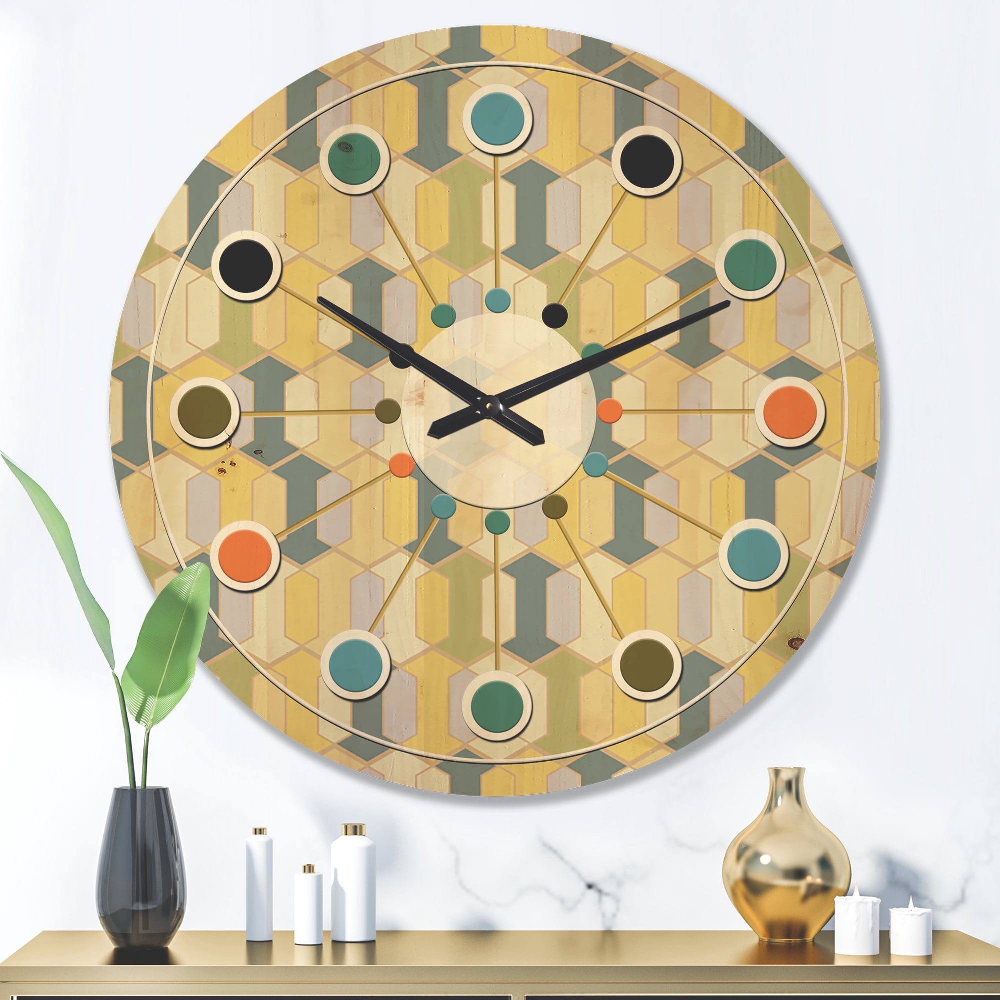Designart 'Abstract Retro Geometrical Design Pattern II' Mid-Century Modern Wood Wall Clock