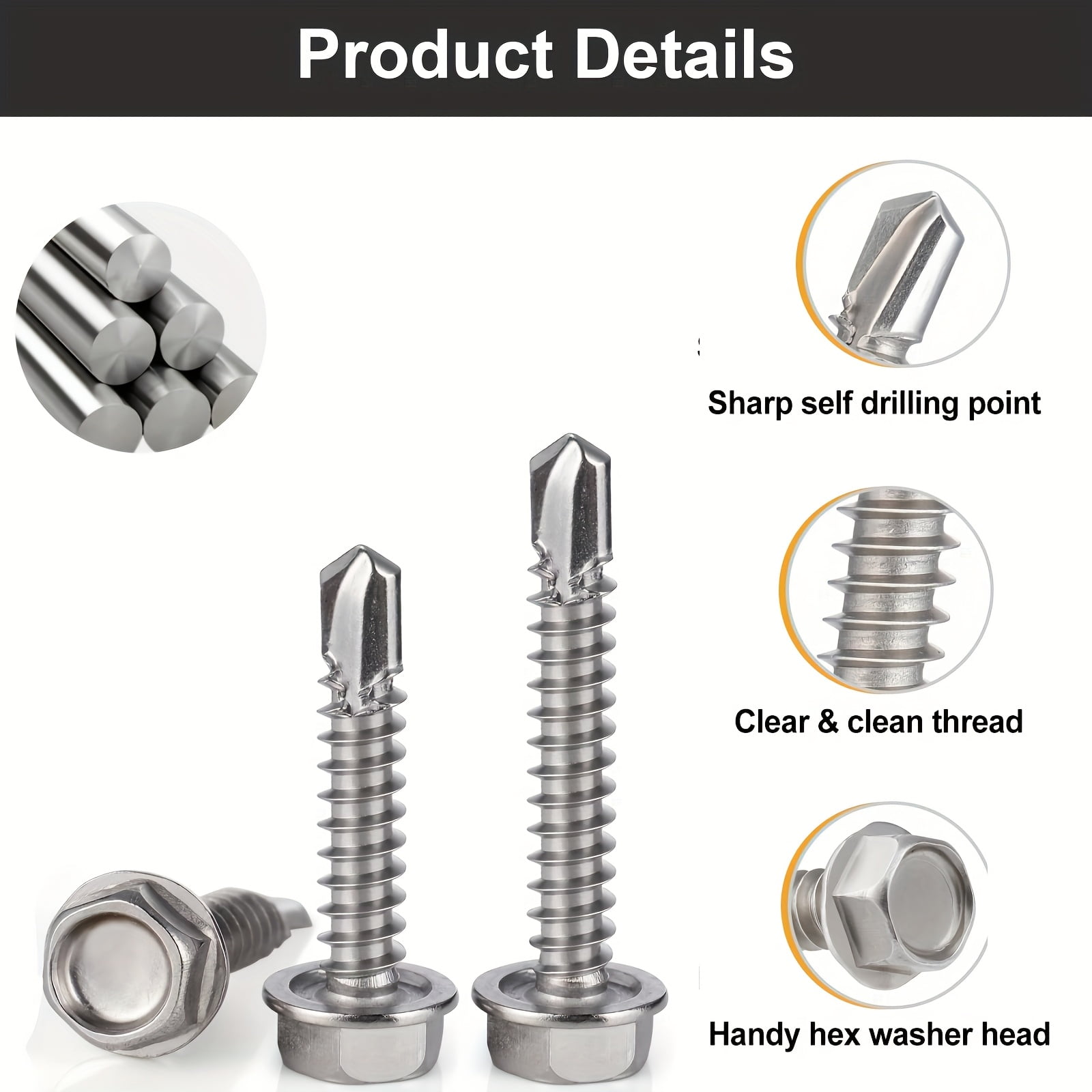 410 Stainless Steel #8 Self Tapping TEK Screws Assortment Kit, 600pcs - Hex Washer Head Self Drilling Screws for Metal & Furniture Building/Repair (1/2", 3/4", 1" Lengths) Includes Free Hex Socket