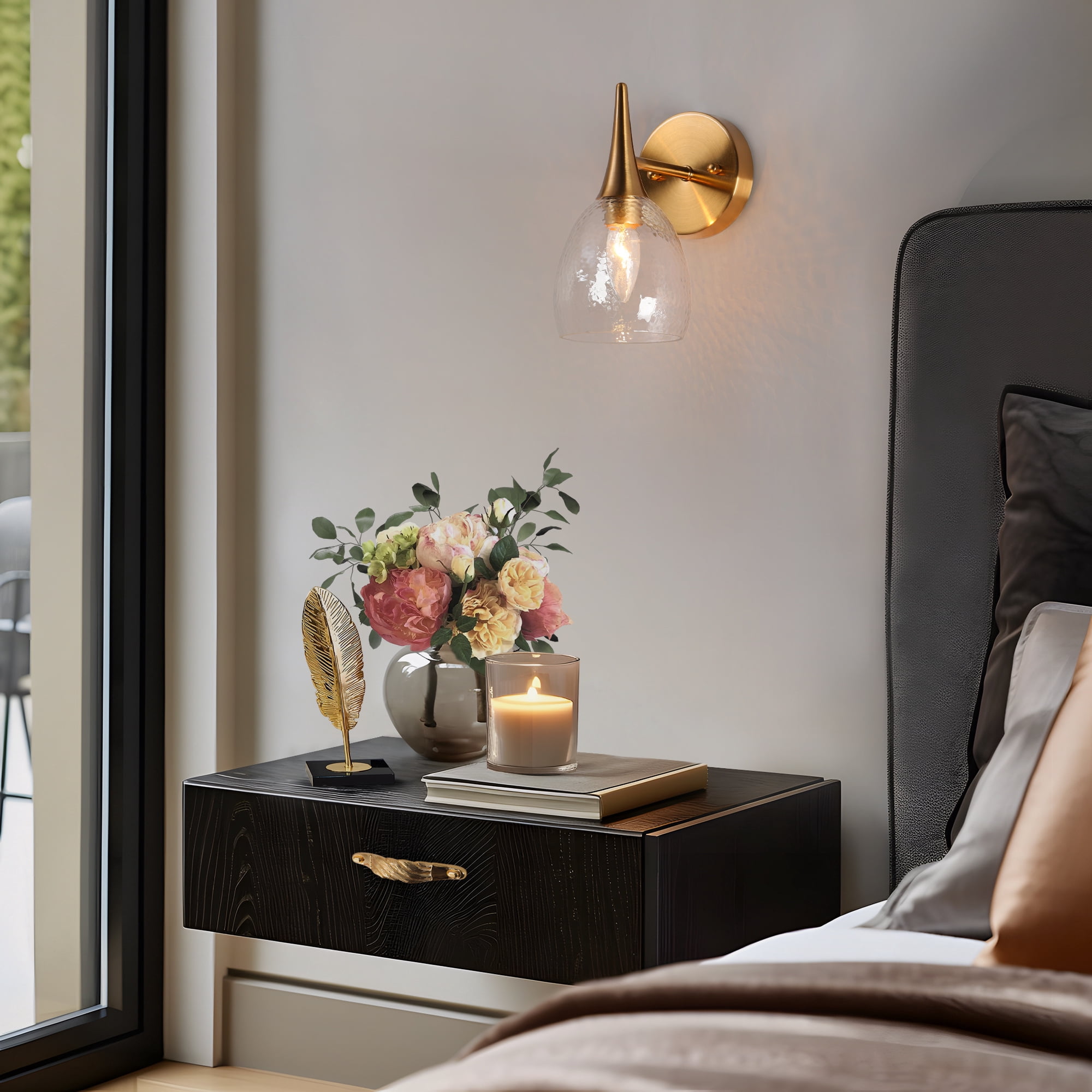 LNC Modern Gold Wall Sconce with Hammered Glass Shade, 1-Light Dimmable Vanity Fixture