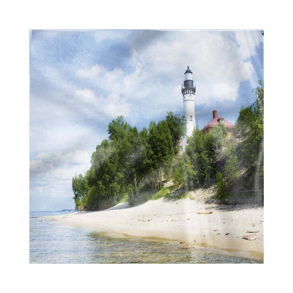 Vintage Beach Decorative Satin Napkins Set of 4, Photo of Trees Lighthouse on a Beach Cloudy Sky Calm Nature Landscape Art, Square Fabric Party & Dinner Napkin, 18", Multicolor, by Ambesonne