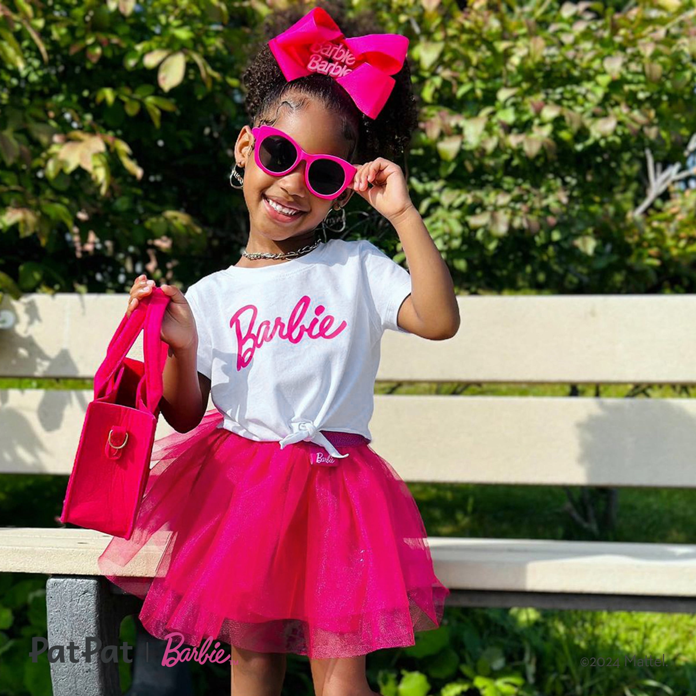 Barbie Toddler Girls Letter Print Tie Knot Cotton Tee with Mesh Skirt 2 Pieces Outfit Set Sizes 2-6