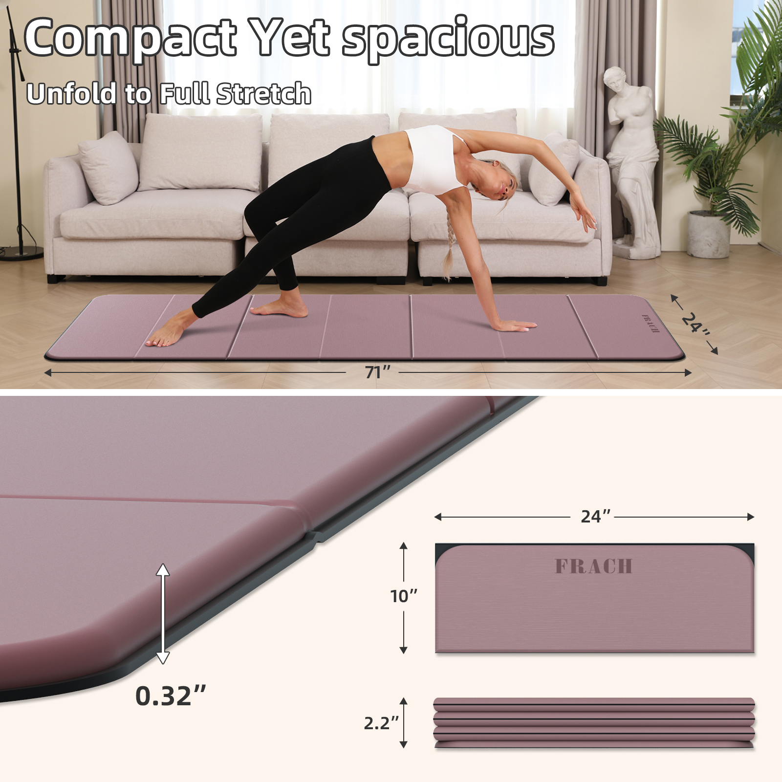 Frach Foldable Yoga Mat Lightweight 0.3" Thick Multi-Functional & Portable Grip Odorless TPE for Pilates & Gym (Dark Pink+Black)