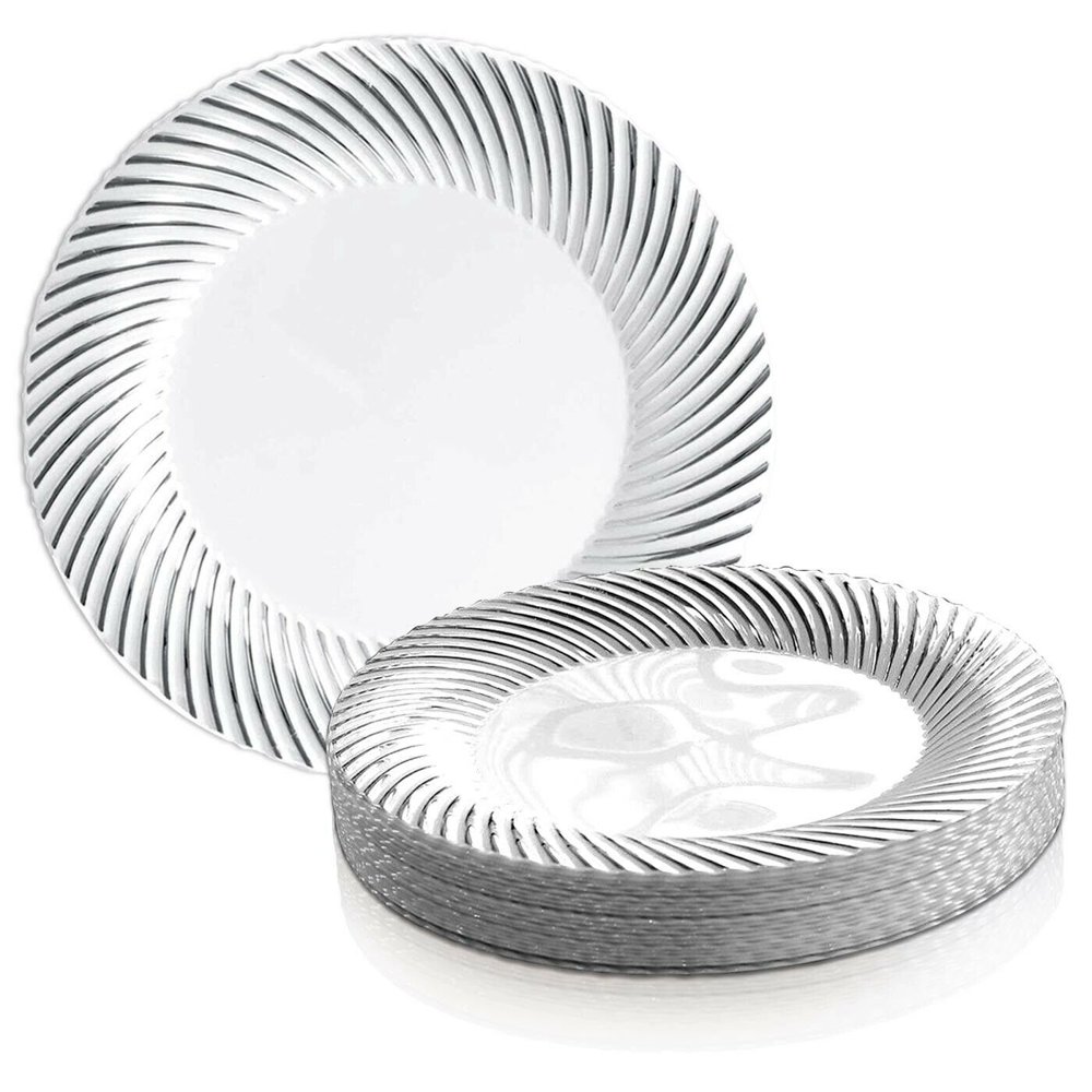 Smarty 9" White Silver Swirl Rim Disposable Plastic Buffet Plates 120ct