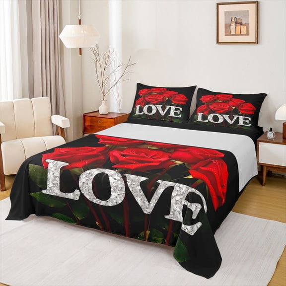 Castle Fairy Romantic Rose Twin Sheet Sets for Boys Girls,Black Red Bedding