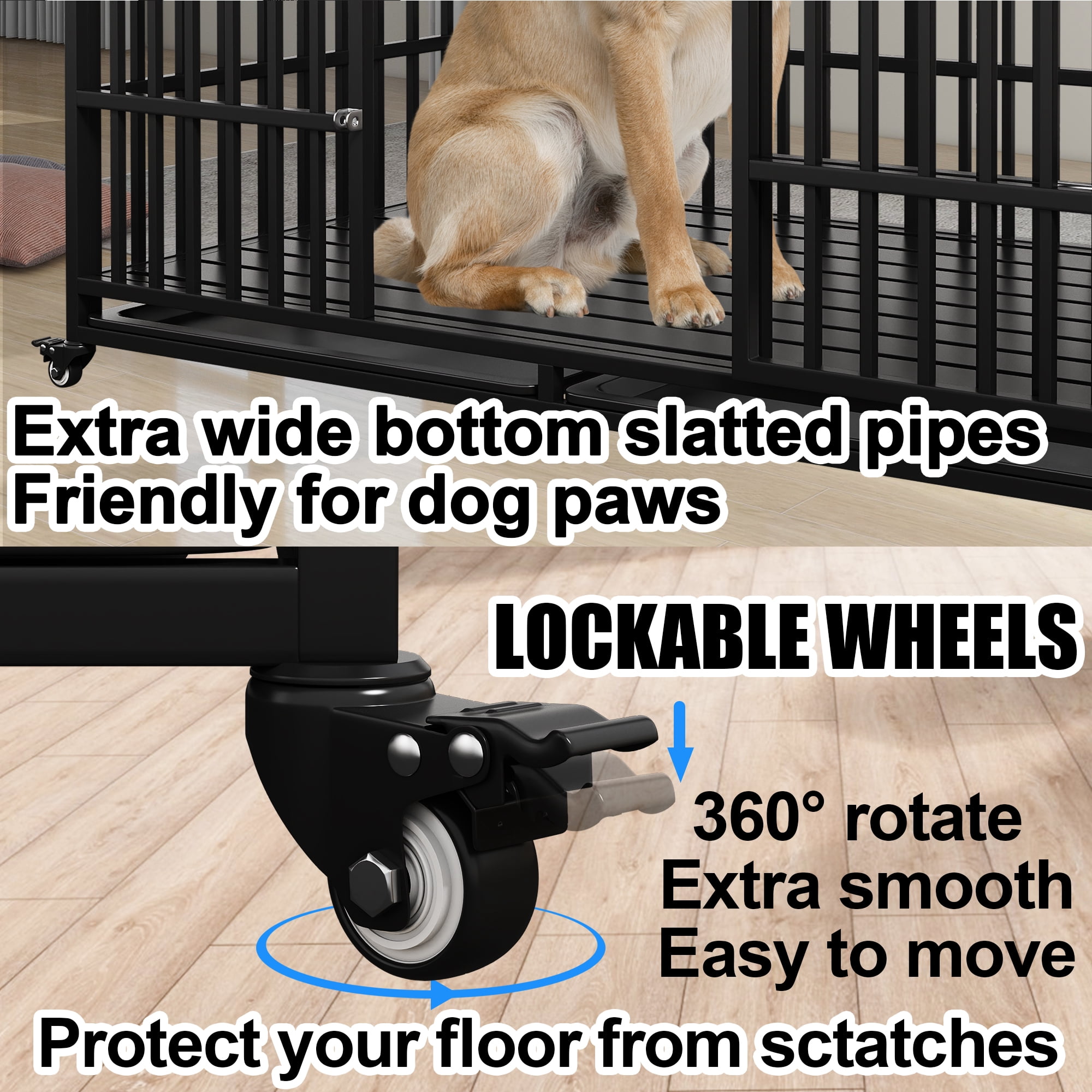 Heavy Duty Dog Crate 58 inch Indestructible Pet Dog Cage Crate Kennel with Roof Top 2 Doors Removable Trays, Lockable Wheels Escape-Proof for High Anxiety Large /Extra Large Dogs Breeds