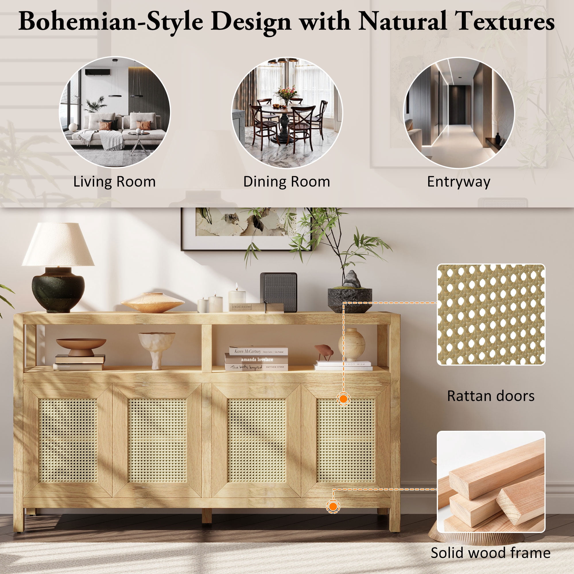 Aukfa Rattan Buffet Storage Cabinet,TV Cabinet for Living Dining Rooms,Bohemian Style,Natural