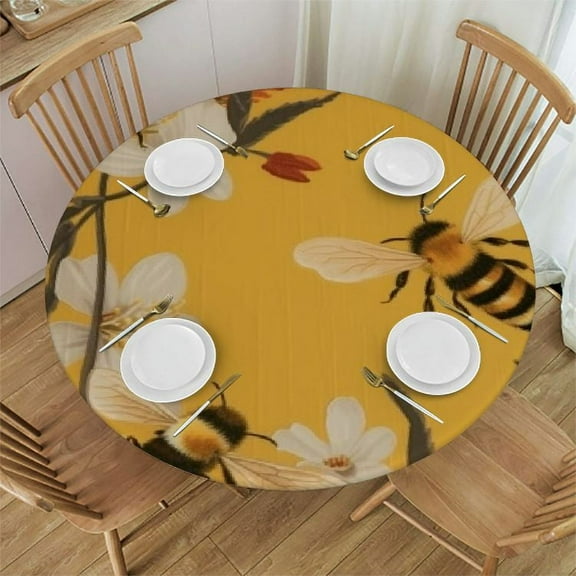 Bee Flowers Round Tablecloth with Elastic Edge Tablecloth Spill Proof Washable Table Cover for Kitchen Dining Party Outdoor Decor Fits Up