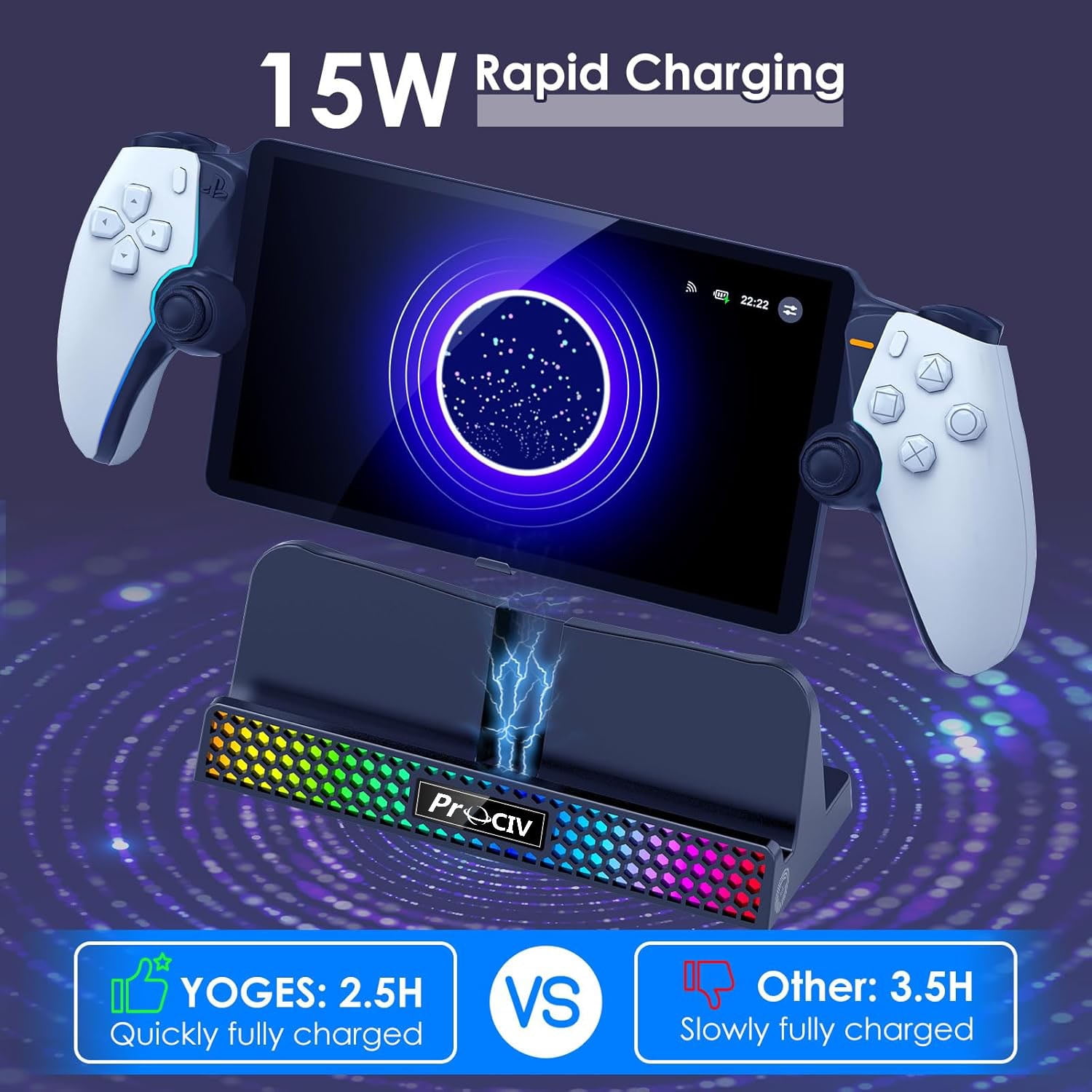 Charging Dock for PlayStation Portal, 3 in 1 Charging Stand for PS5 Portal with 14 RGB Light and 4.9ft USB C Charging Cable, Portable Charger Accessories for PlayStation Portal Remote Player(Black)