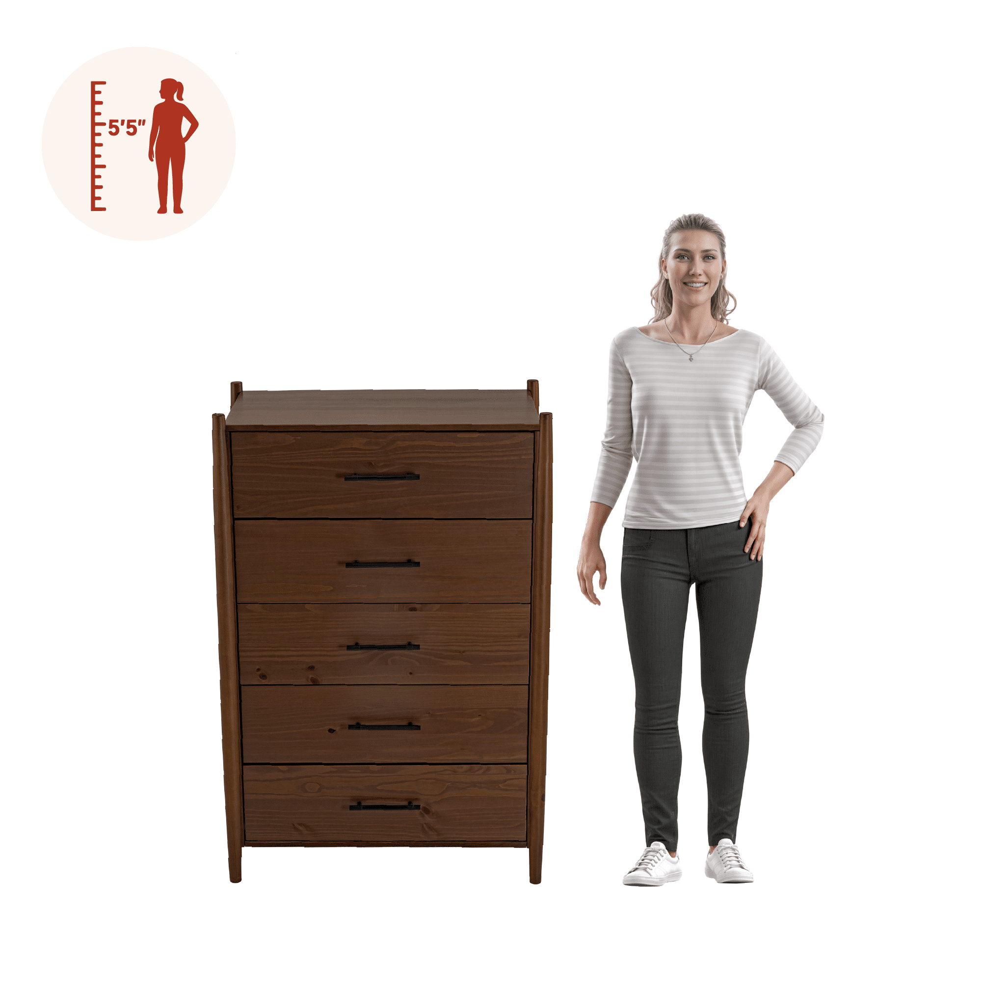 Josiah Solid Wood 5 Drawers Chest Brown - for Adults and Teens