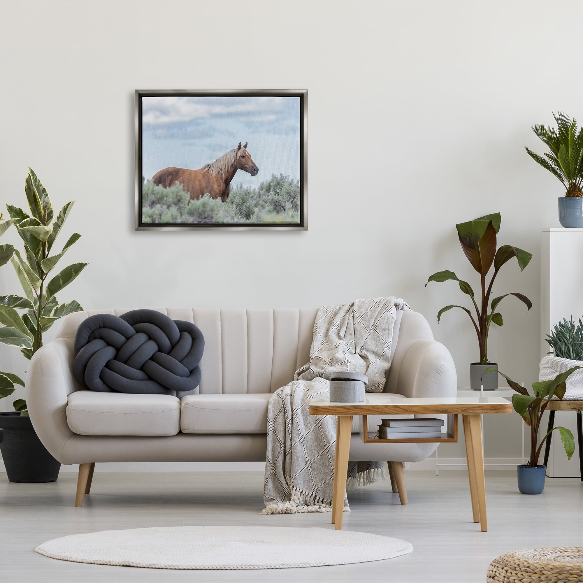 Stupell Industries Stallion Horse Among Bushes Clear Blue Sky Graphic Art Luster Gray Floating Framed Canvas Print Wall Art, Design by Lauri McFerrin