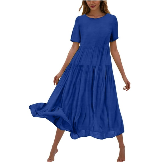 Summer Fashion Womens Dresses Plus Size Flower Solid Color Casual Short Sleeve Crewneck Casual Flowy Tiered Maxi Beach