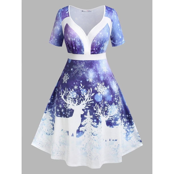 Vestido Navideño Talla Extra Estampado Alce Copo de Nieve Rosegal Vestidos Estampados Tallas Grandes