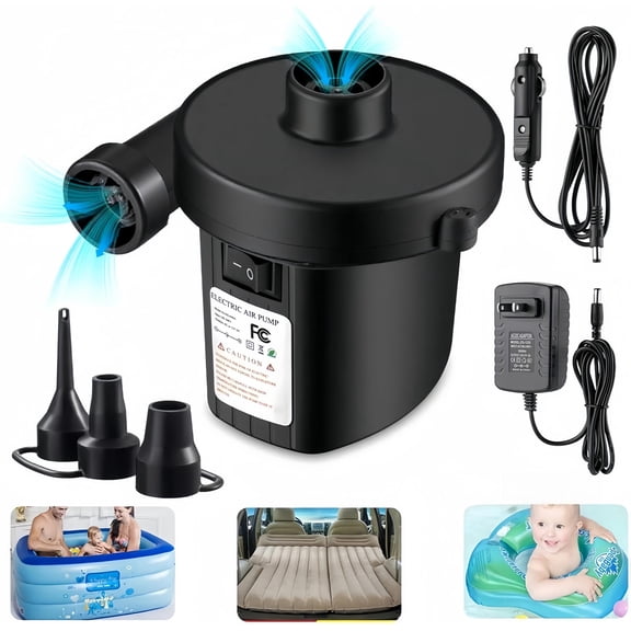Portable Electric Air Pump AC DC Quick Fill Inflator Deflator with 3 Nozzles for Air Mattress, Pool Floats, Water Toys, Rafts, Boats & Swimming Rings, Black