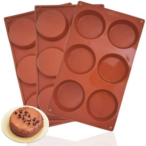 3 Packs 6 Cavity Large Round Disc Candy Silicone Molds, DaKuan Non-Stick Baking Molds, Mousse Cake Pan for French Dessert, Pie, Candy, Soap, Dia 3.1 Inch- Reddish