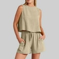 thumbnail image 1 of Birdeem Mode Femme Col Rond Blouse Sans Manches Ample Coton Lin Poches Pantalons Ensembles Chemises, 1 of 12