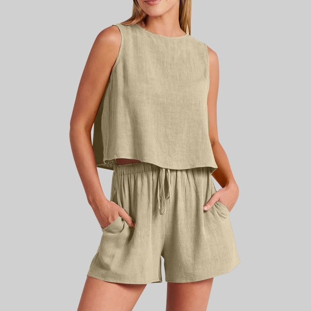 Birdeem Mode Femme Col Rond Blouse Sans Manches Ample Coton Lin Poches Pantalons Ensembles Chemises