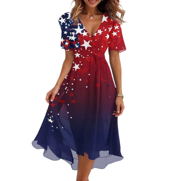 Elowen American 250th Anniversary Dresses for Women V-Neck Short-Sleeve Printed Casual Summer Dress Blue L