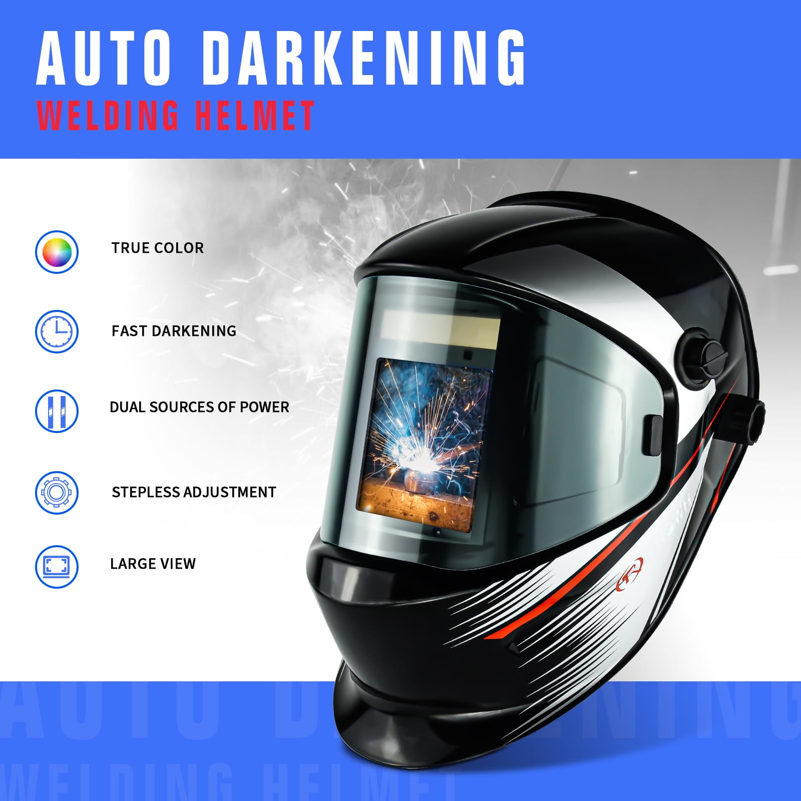 TRQWH Welding Helmet Auto Darkening Large Viewing True Color Solar Powered Welding Mask with 4 Arc Sensor Adjustable Wide Shade Range 4~5-8/9-13 Welder Mask with Grinding
