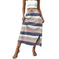 thumbnail image 4 of Women's Maxi Skirt Summer Boho Striped Print Elastic Waisted Drawstring Skirt Casual Beach Long Skirts with Pockets Blue 2XL, 4 of 6