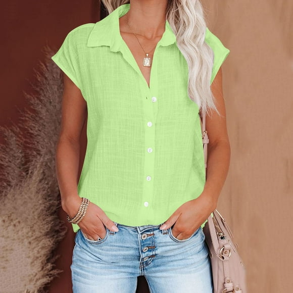 PInxai Summer Button down Shirts for Women Cotton Linen Cap Sleeve Lapel V Neck Shirts Slim Fitting Lightweight Casual Blouse Tops