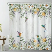 HVEST Farmhouse Vintage Shower Curtain for Bathroom,Colorful Hummingbird and Flower Sage Green Leaf Botanical Fabric Shower Curtain with Hooks,Rustic Grey Wood Bathroom Curtain Shower Set, 72x78 inche