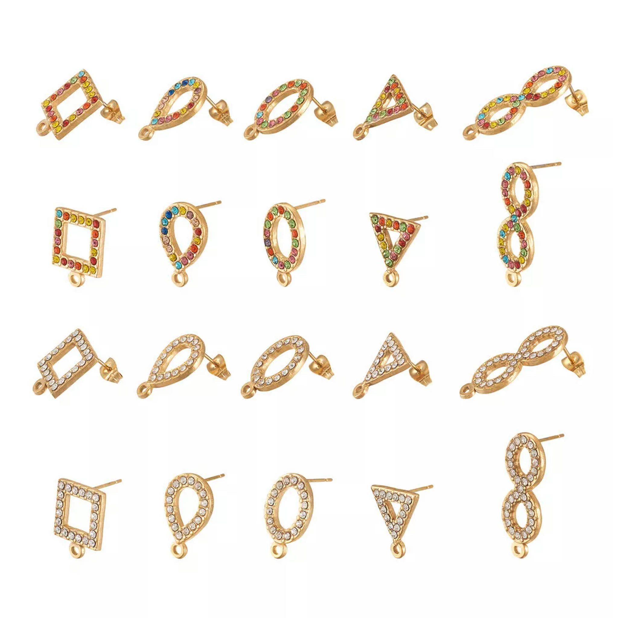EOEMY 20Pc Geometry 304 Stainless Steel Rhinestone Post Stud Earring With Earring Back