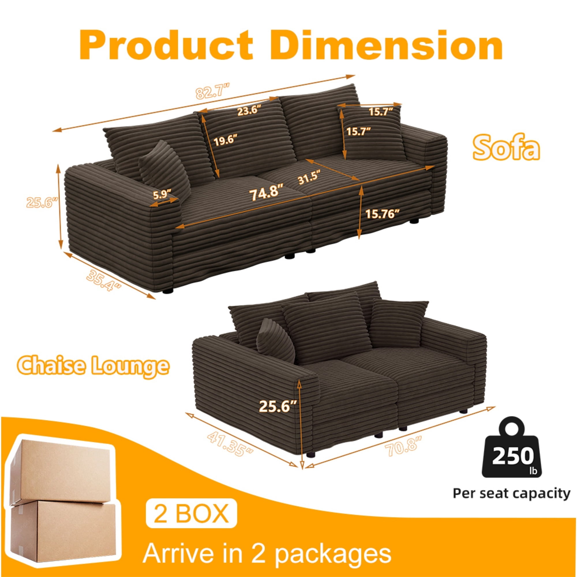 Alvantor 3-Seat Sofa 83 " W Corduroy Upholstered Deep Seat Couches Convertible Chaise for Living Room, Apartment Camel