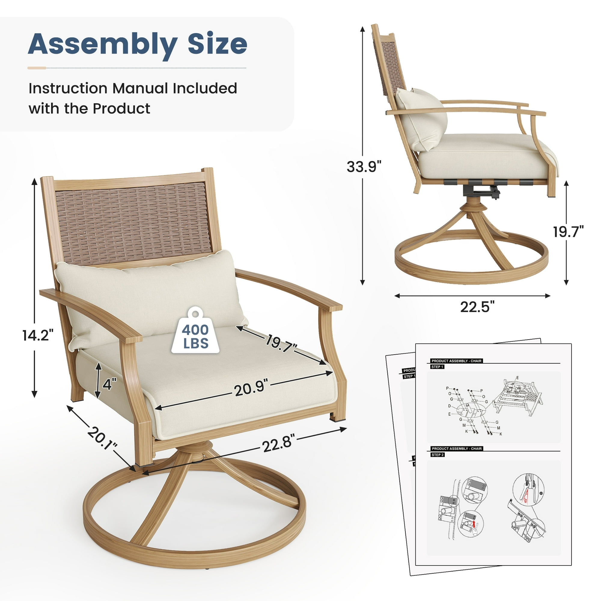 Poteban Patio Swivel Chairs Set of 2, Outdoor Dining Chairs with Deep Seat Cushion, All Weather Swivel Rocker Chairs with Hand-Painted Metal Frame, for Backyard Deck (Khaki)