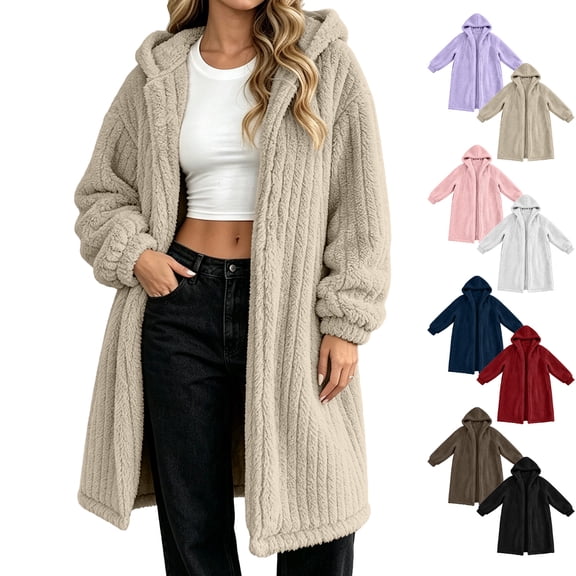 Jovrlynd Long Cardigans for Women Winter Fleece Open Front Warm Hooded Coats with Pockets Fashion Sherpa Fleece Jackets, S-2XL