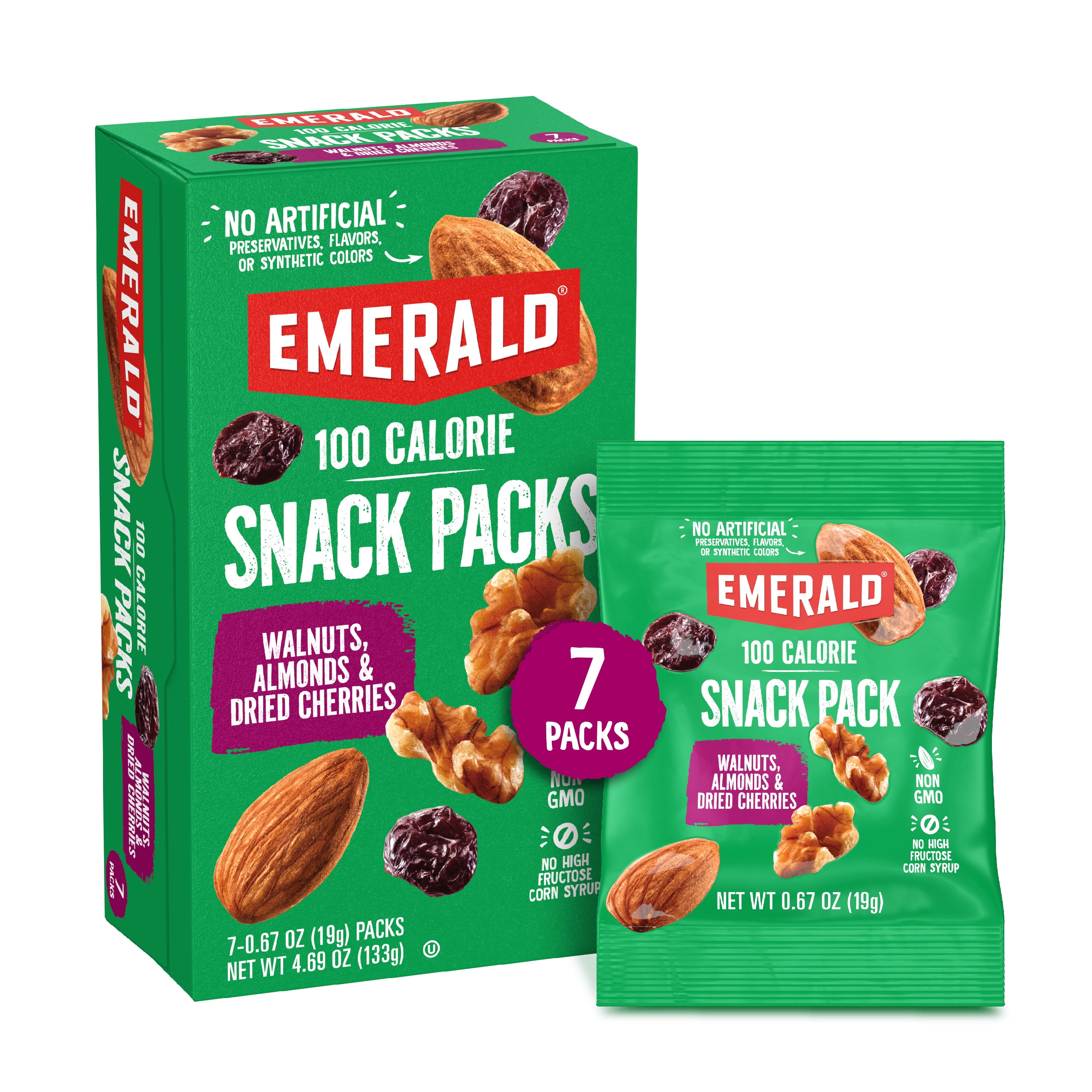Emerald Nuts Roasted and Salted Cashews & Walnuts & Almonds with Dried Cherries, 100 Calorie Pack, 7 CT Each (Variety Pack)
