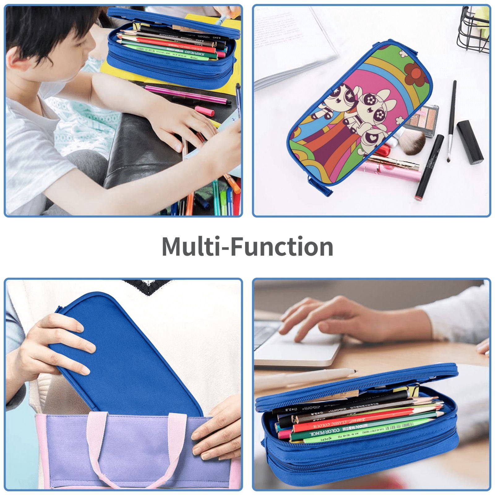 The Powerpuff Gi-rls Pencil Case Large Capacity Pencil Pouch Penbag Office Stationery Organizer Travel Makeup Bag Blue