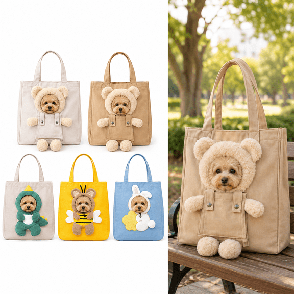 Pet Canvas Shoulder Bag, White Teddy Bear Style, Dog Tote Carrier with Head Hole for Small Dogs and Cats, Cute Puppy Cat Carrying Bag for Daily Walks Shopping and Travel