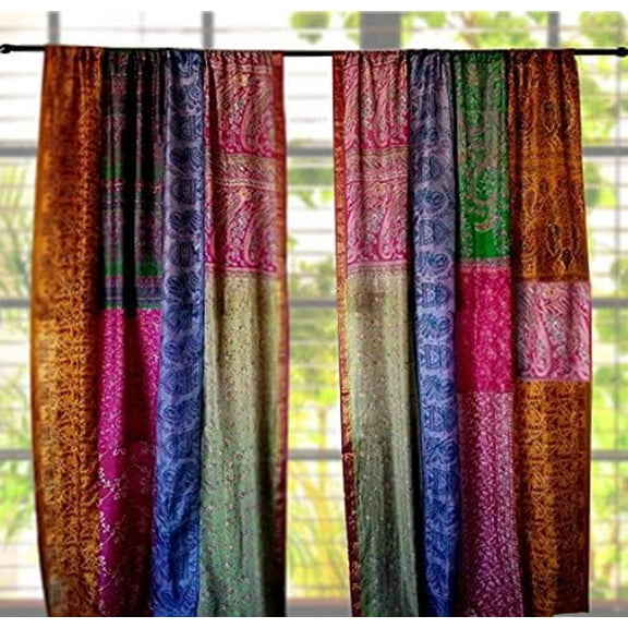 1 Pair of Indian Vintage Silk Blend Sari Multi Colour Handmade Patchwork Curtains Drapes Home Decor Curtain/Panels