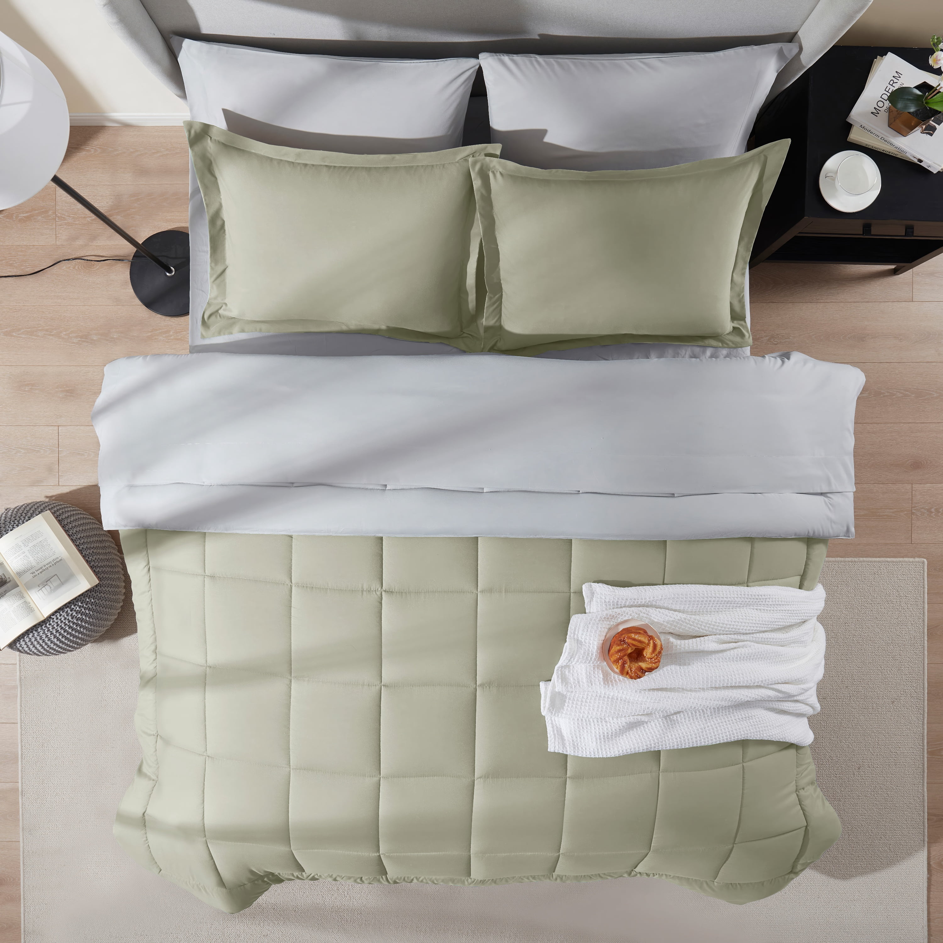 LammaLoe King Comforter Set, With King Sheets, Reversible Bed In A Bag 7 Piece, Bedding Set, Light Sage