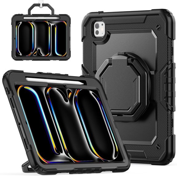 Case for iPad Pro 11 inch M4 2024/ M5 2025, 360 Rotating Stand Handle Pencil Holder Shoulder Strap Heavy Duty Shockproof Cover, Black
