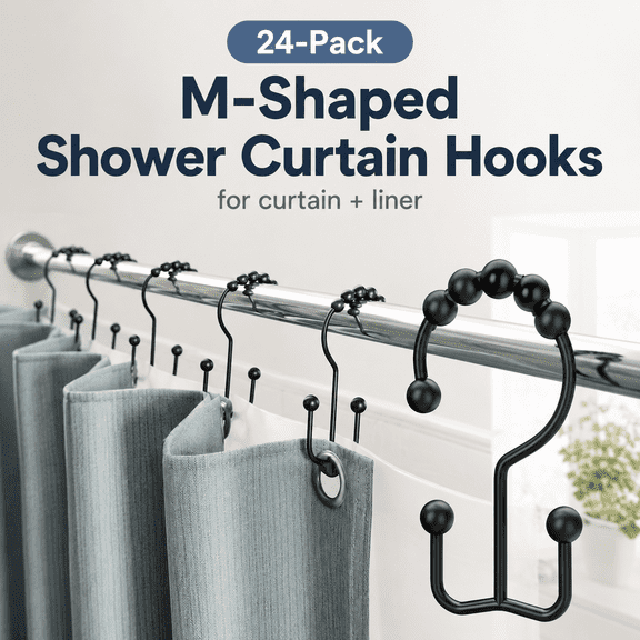 MORAVE 24 Pack Black Metal Shower Curtain Hooks, Rust Resistant Double Glide Curtain Rings for Bathroom Shower Rods