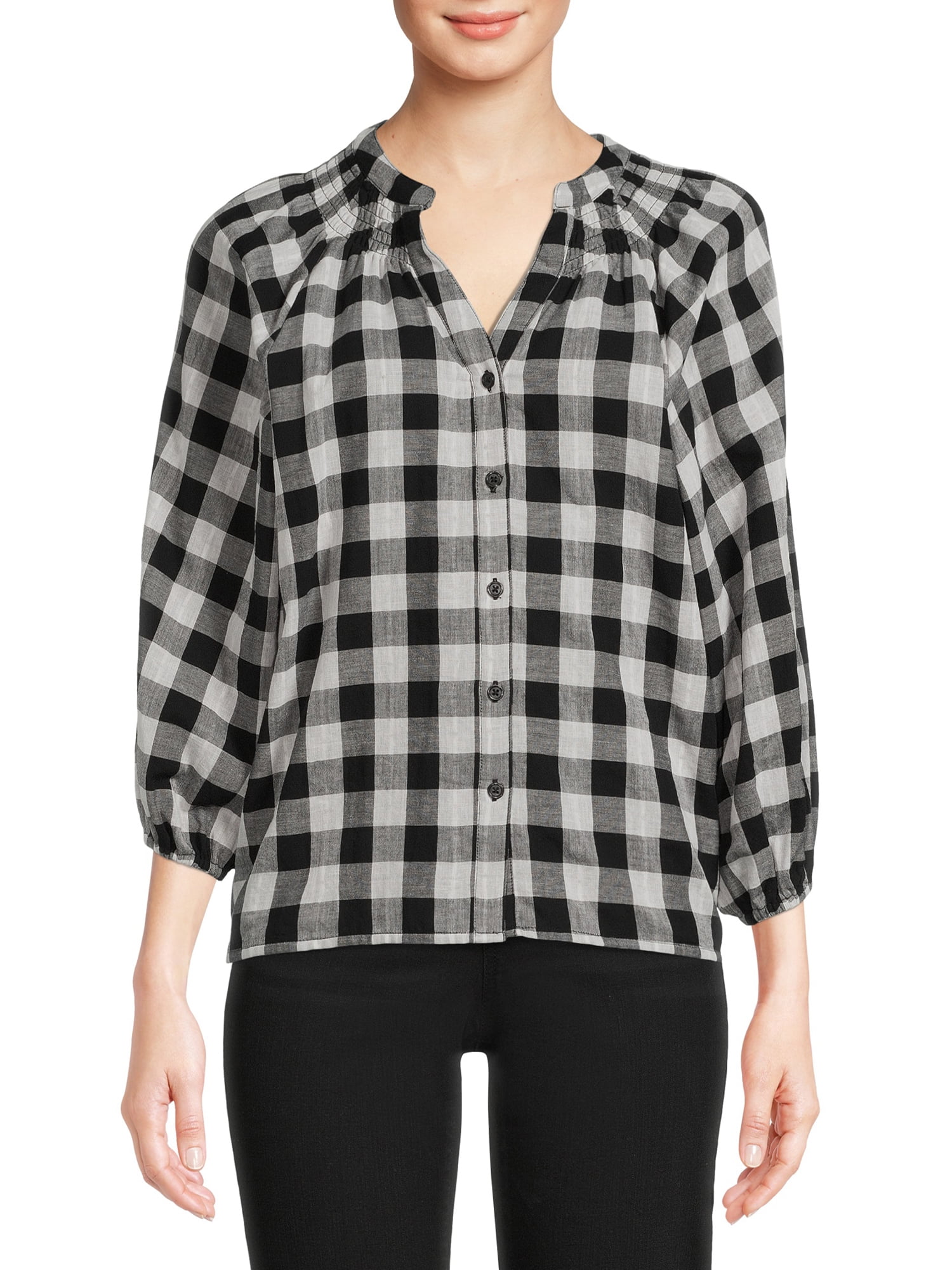 Time and Tru Women's Button Down Top with Puff Sleeves