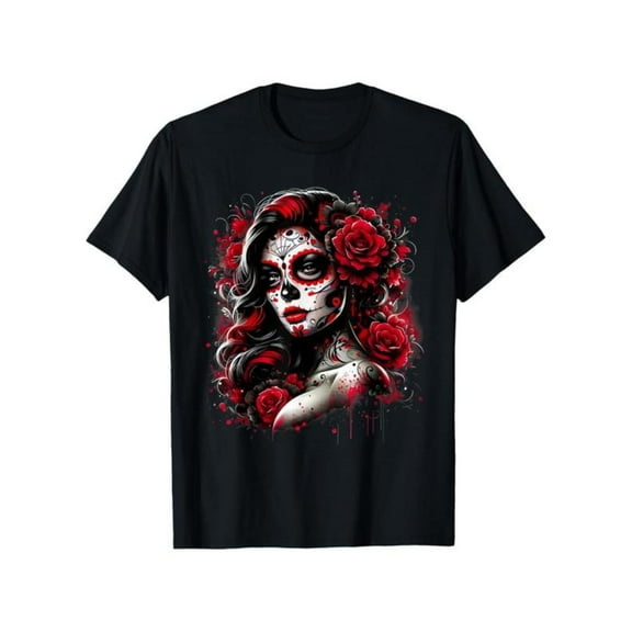 Catrina Sugar Skull Graphic Tee T Shirt Top Day Of The Dead Floral Design Vibrant Print Casual Short Sleeve Black S-5XL