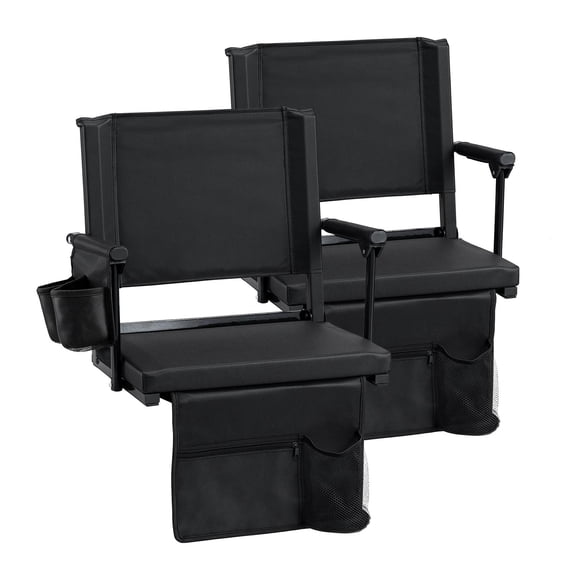 Gymax 2PCS Folding Stadium Seat w/Cup Holders Pockets Cushion Back Support Armrests Black