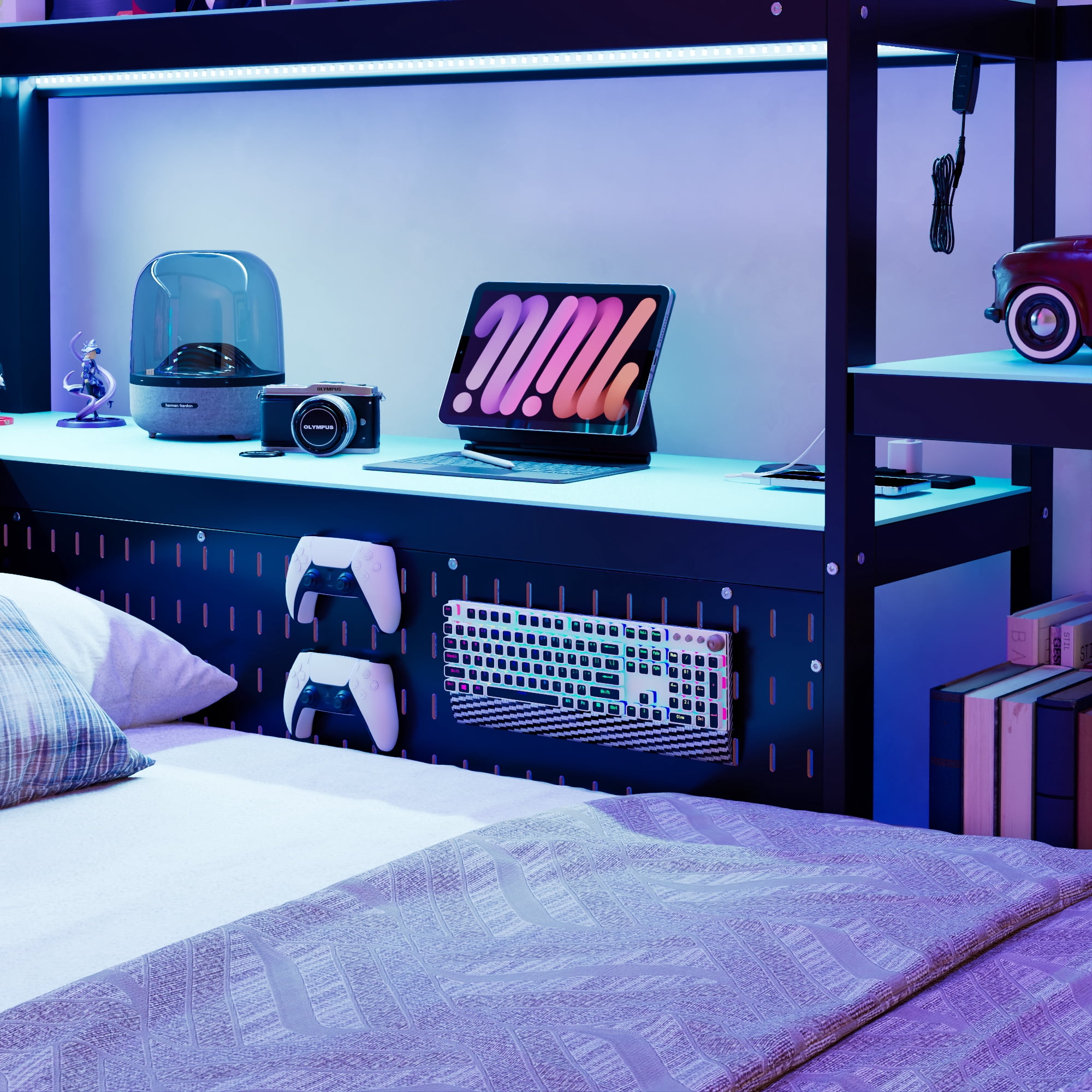 Mintazer Twin LED Gaming Daybed Storage Platform Bed with Charging Station & Integrated Desk Bookshelves and 3 Drawers for Kids Teens, Black & Blue