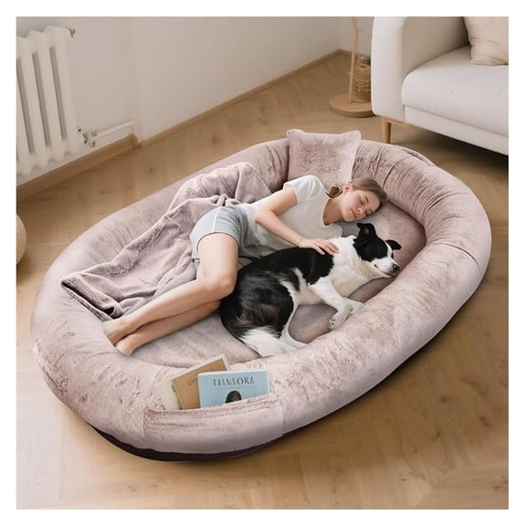 Human Dog Bed 71" x 45" x 14", Human-Sized Large Dog Bed Fits Adults and Pets, Washable Faux Fur Cover Giant Beanbag Bed, Napping Orthopedic Beds with Blanket and Pillow,