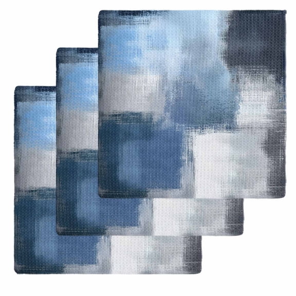 Navy Blue Ombre Kitchen Dish Towels for Drying Dishes Set of 3, Modern Oil Painting Geometric Waffle Weave Microfiber Hand Tea Bathroom Towels Quick Dry & Absorbent Towel 12x12
