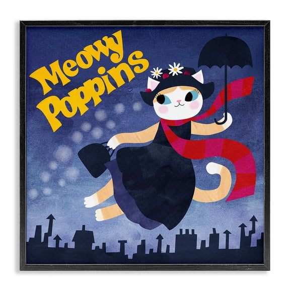 Stupell Industries Contemporary Meowy Poppins Cat Parody Black Framed Giclee Art, 12 x 12, by Angie Rozelaar
