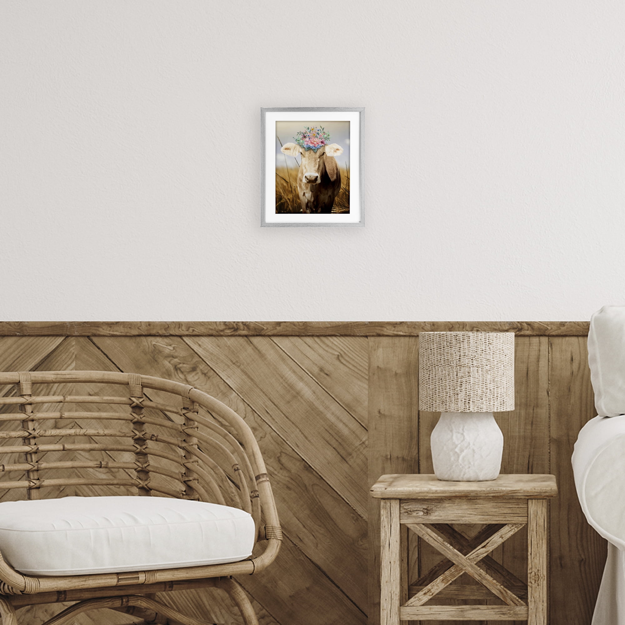 Stupell Industries Chatty Belle Cow with Florals Gray Framed Print Under Glass, design by Marcus Prime
