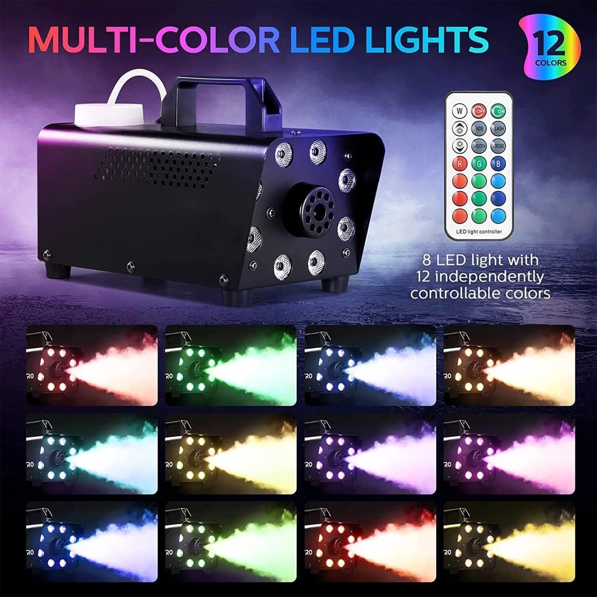 Fog Machine, Smoke Machine with 8 LED Lights 13 Colorful Effect, Wireless & Wired Remote Control, Perfect for Halloween, Wedding, Party and DJ Stage Effect