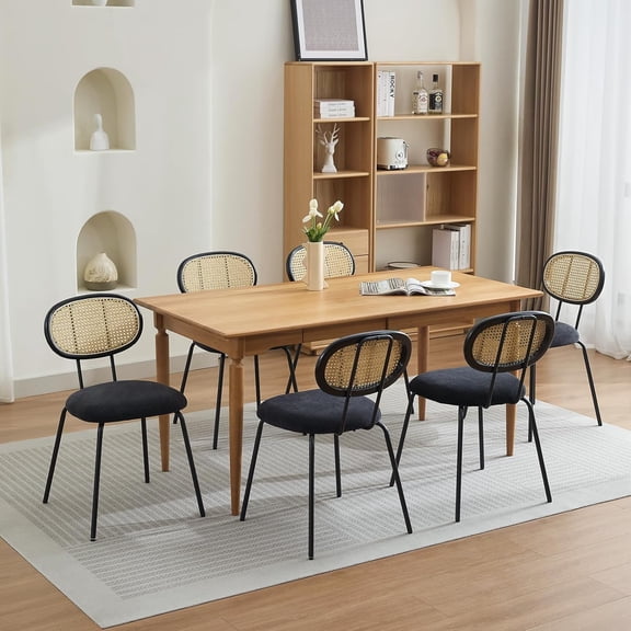Rattan Dining Chairs Set of 6, Mid Century Dining Room Chairs with Metal Legs, Modern Velvet Upholstered, Mesh Back Cane Kitchen Chair for Dining Room, Kitchen, Living Room, Black