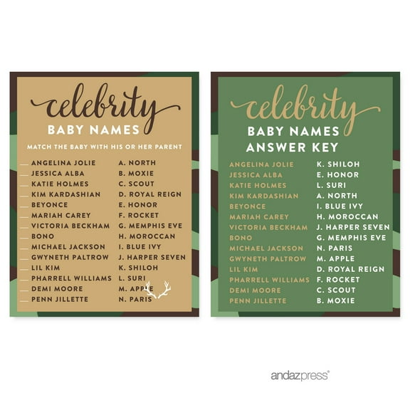Celebrity Name Game Green Woodland Camouflage Boy Baby Shower Game, 20-Pack