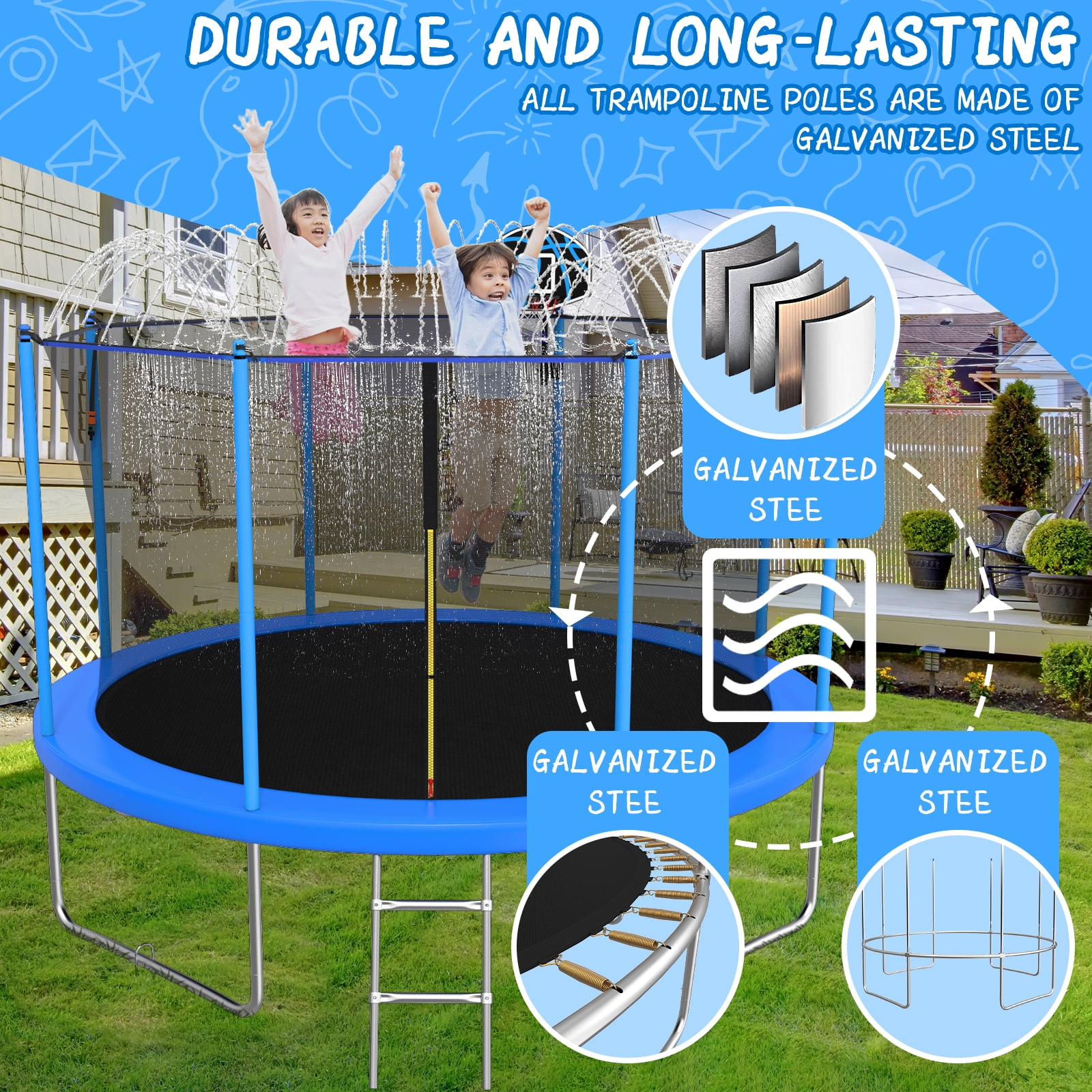 10FT Trampoline for Adults/Kids Outdoor Trampoline with Enclosure Net Basketball Hoop Sprinkler Wind Stakes Ladder Recreational Trampoline for Backyard