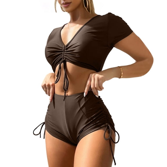 IYYVV Womens High Waisted Bikini Sets Short Sleeve V Neck Two Piece Swimsuit Ruched Side Tie Bathing Suit Brown S